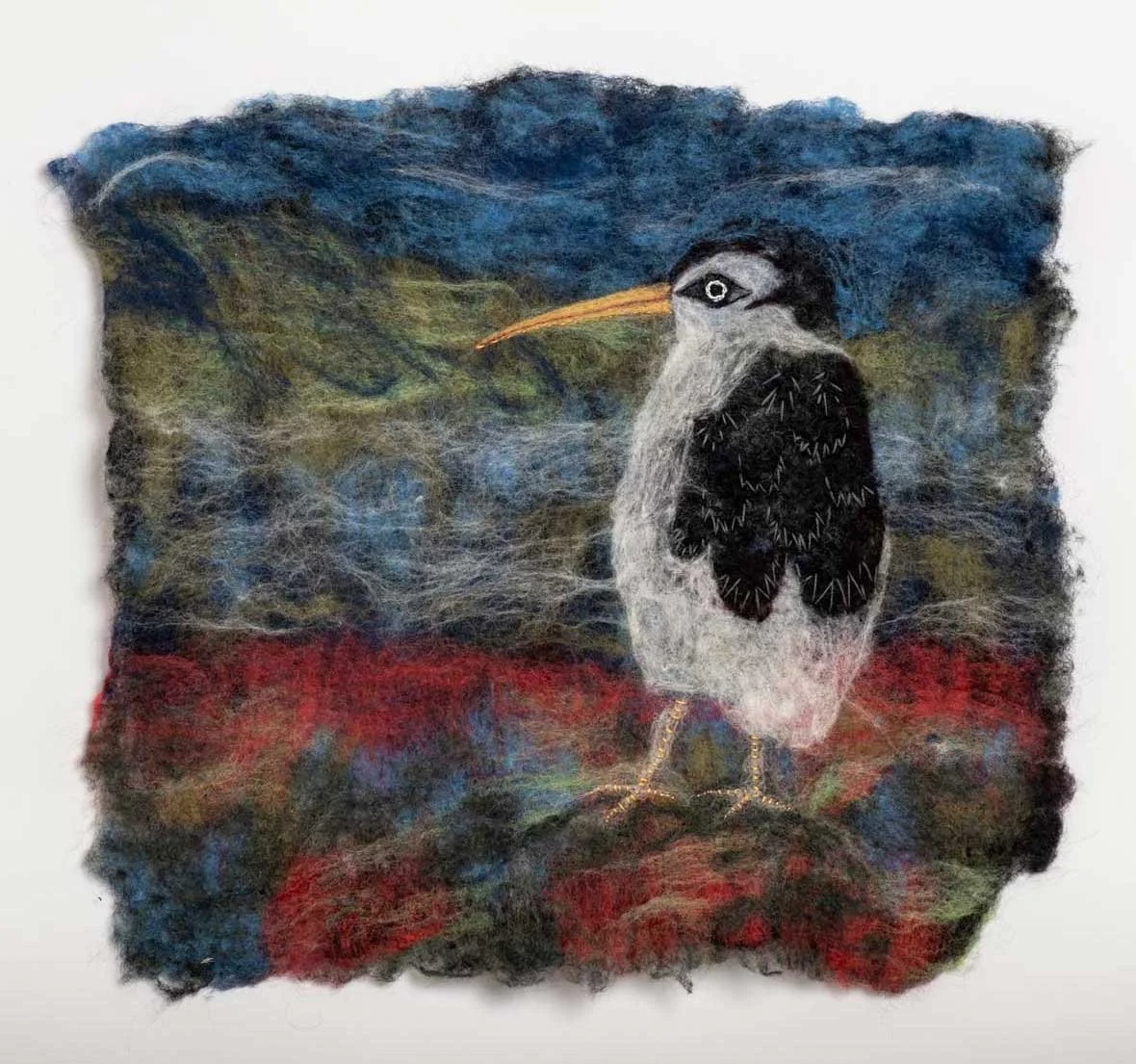 Crowned in Daylight (black crowned night heron): Felted wool and embroidery, 12” x 12”