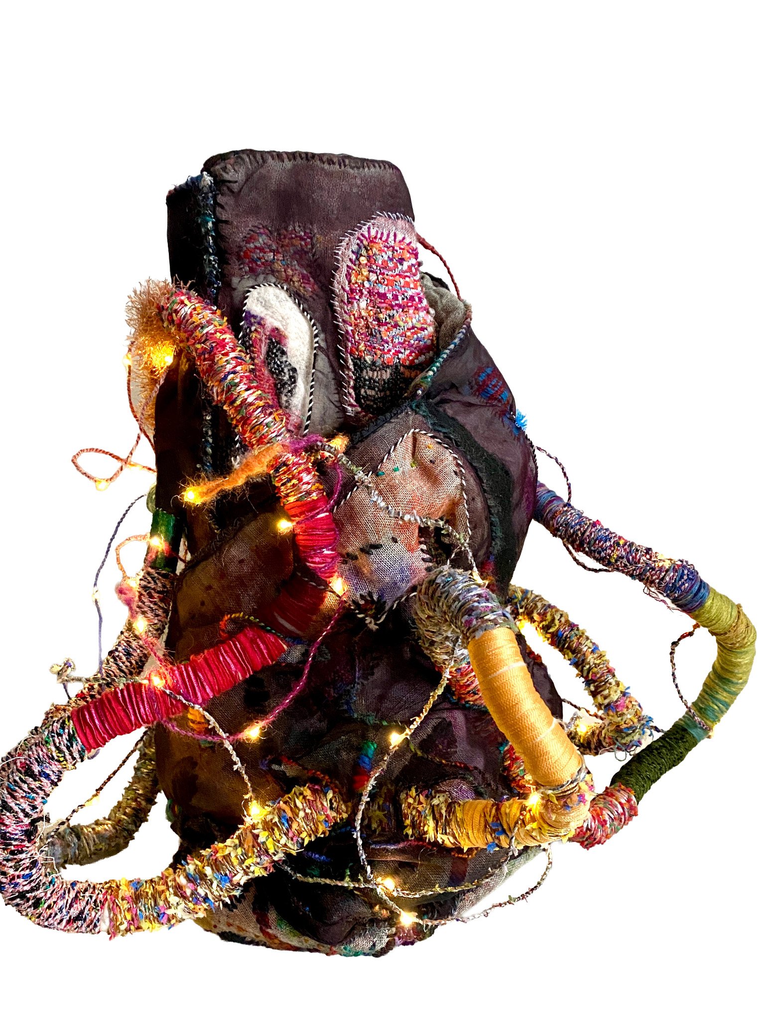 Escape: handwoven, felted, wrapped, formed, stitched, multiple fibers, 18x15x15