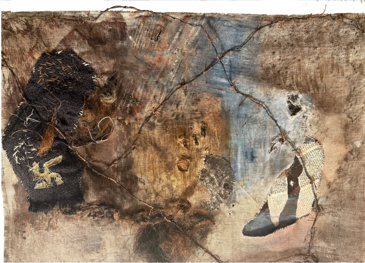 Homage to Holocaust 1: mixed media collage, pieced, stitched, wire, flax, wool, paper, 25x28x2

