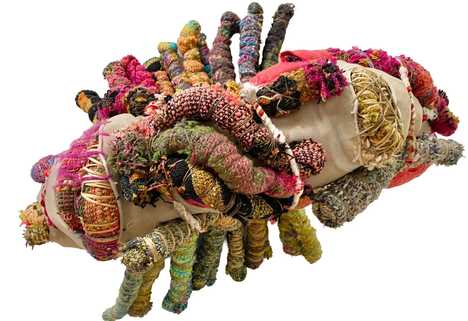 A Way Out: handwoven remnants, paper, yarn, wrapped, stuffed, stitched, 6x19x19

