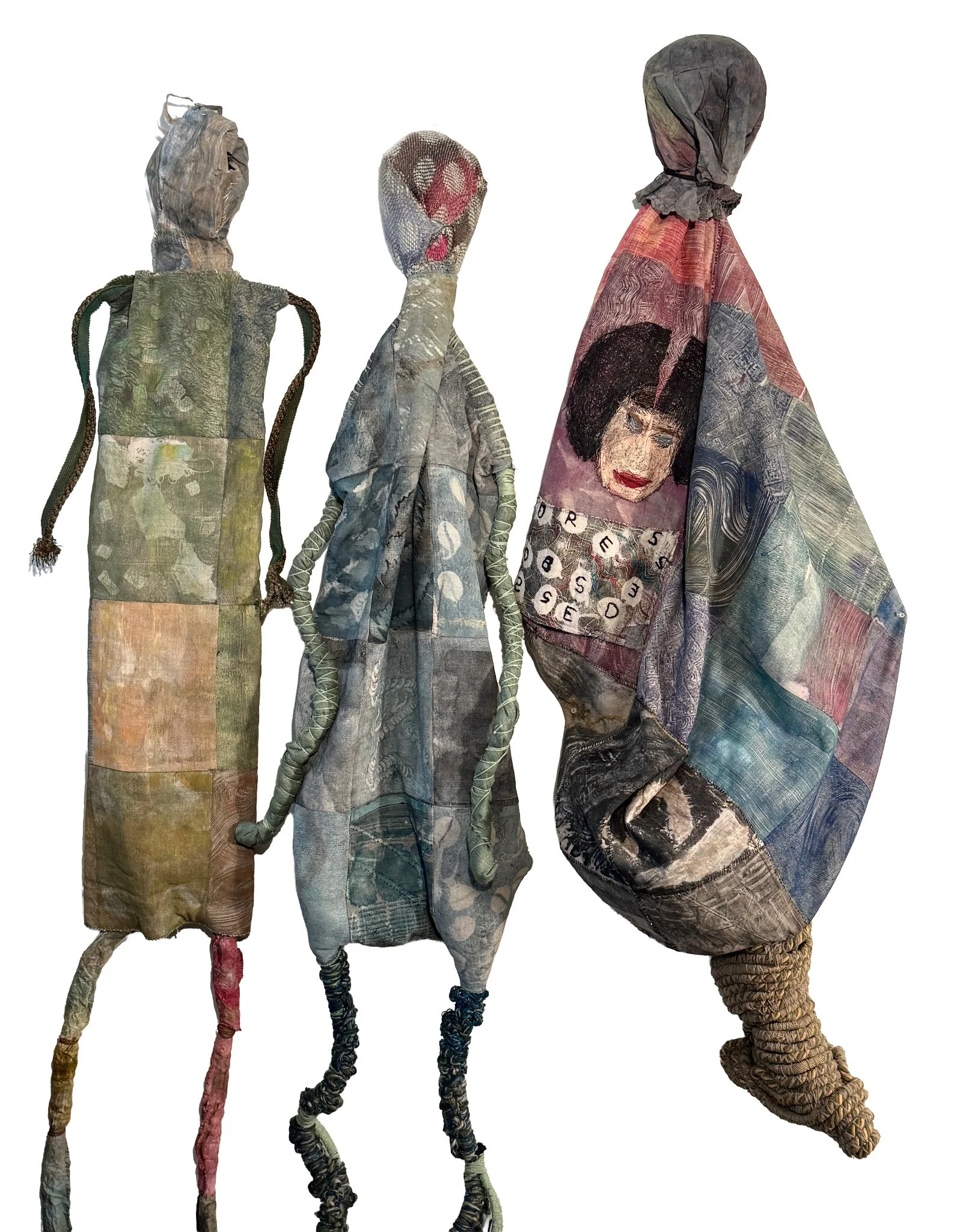 Ode to Ozempic: cotton, flax, paper, rope, printed, pieced, stitched, 56x40x12