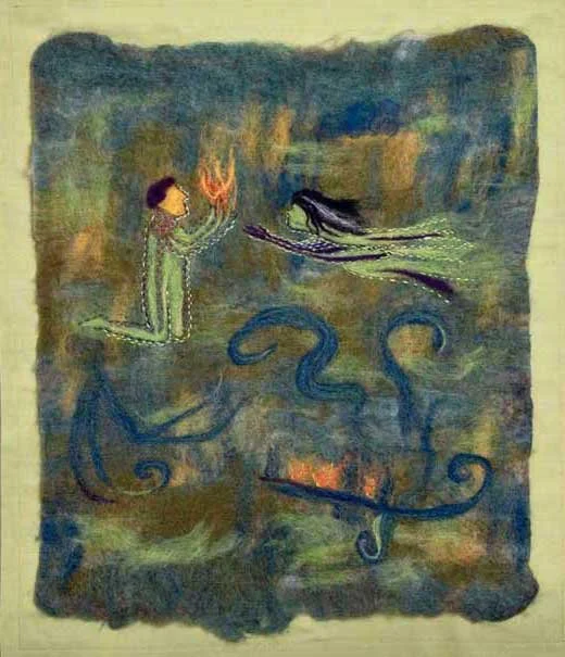 The Gift􀅌of Inspiration: Felted wool and embroidery on co􀆩on, 18½” x 21”