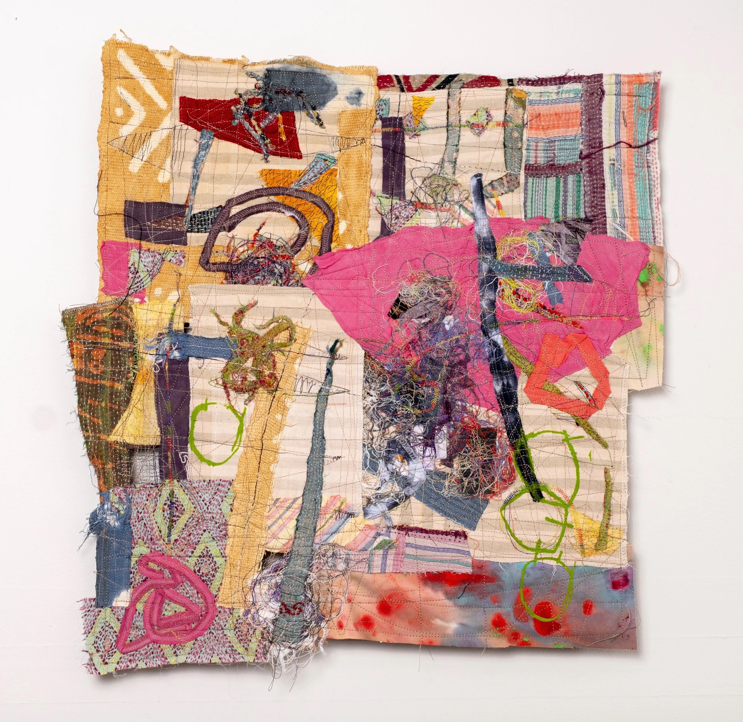 Fancy Pants: stitched scrap art quilt, 20” x 20”