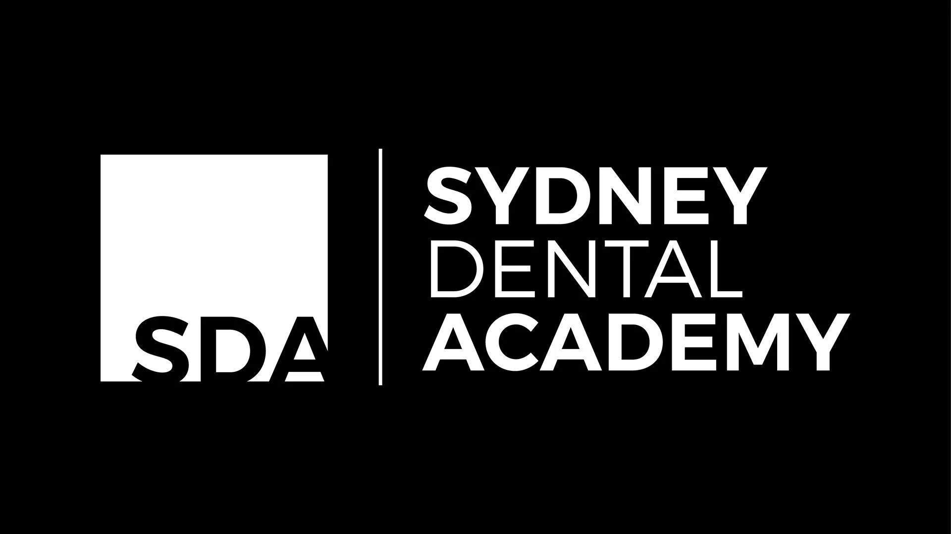 Black background with white logo of Sydney Dental Academy and SDA initials.