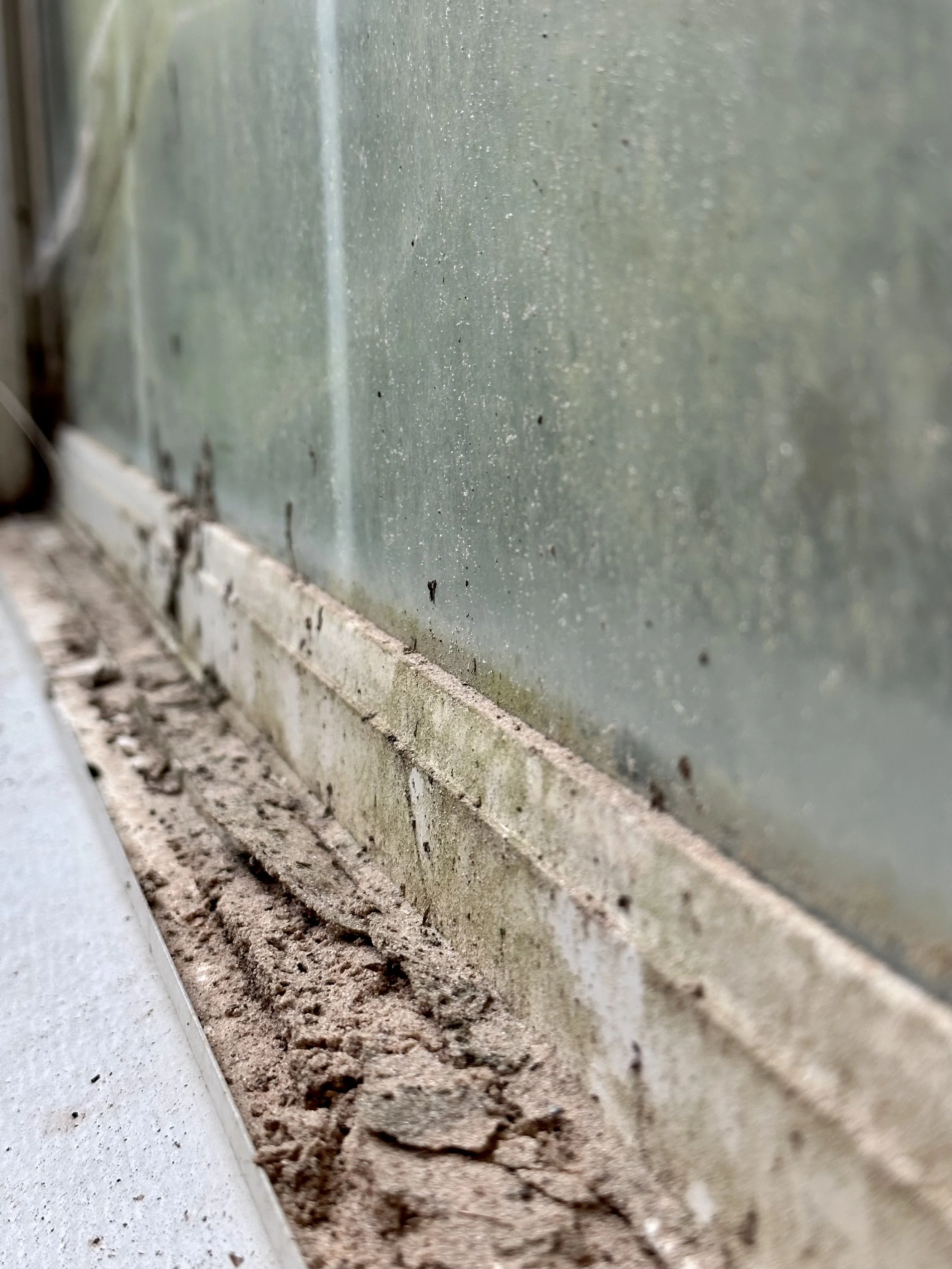Close-up of a glass window with dirt and grime, showing the window frame and a brick sill at the bottom.
