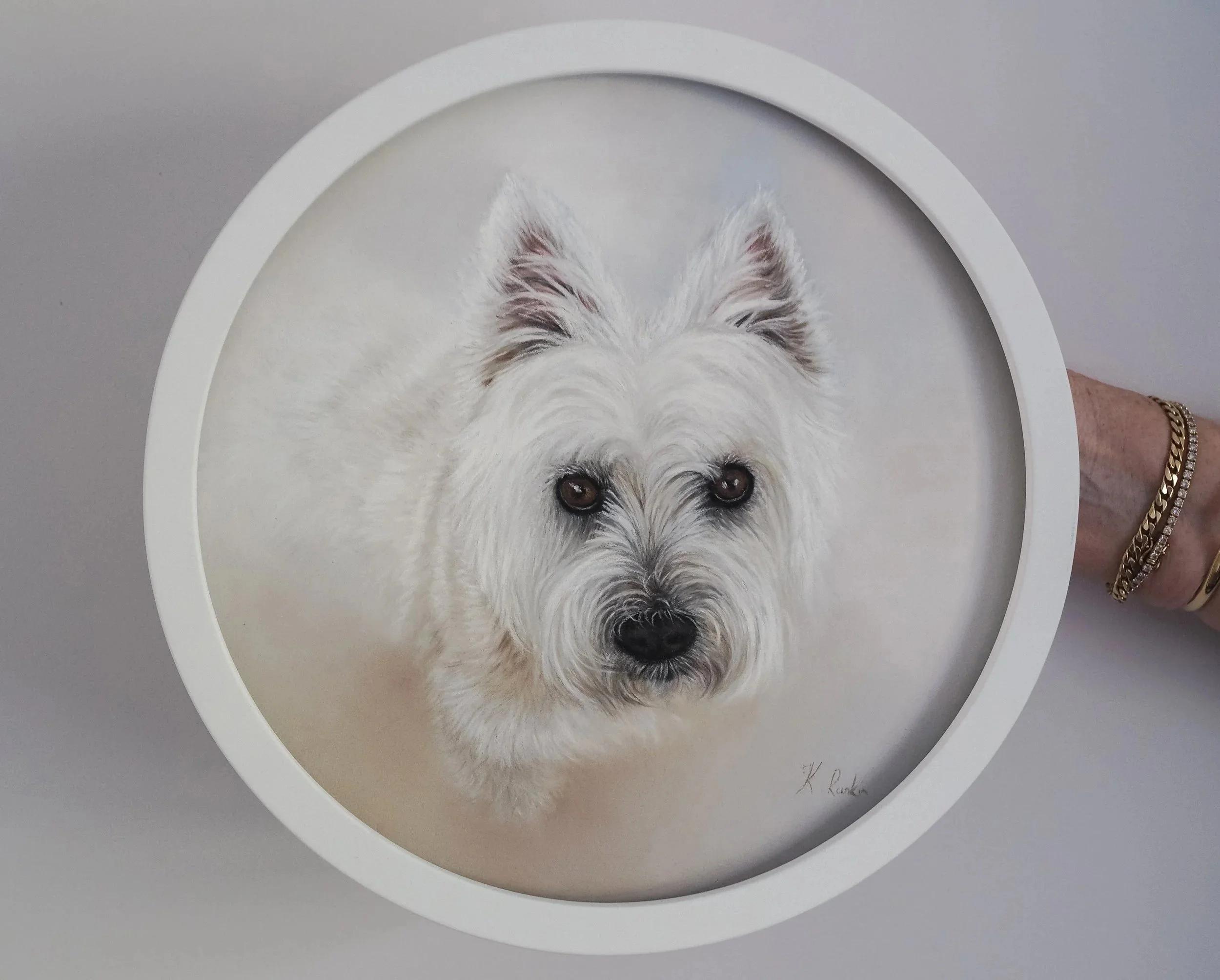 Greta, a White HIghland Terrier in Pastel and framed in a classic white frame. There were tears upon receiving the painting (the highest compliment for an artist)!