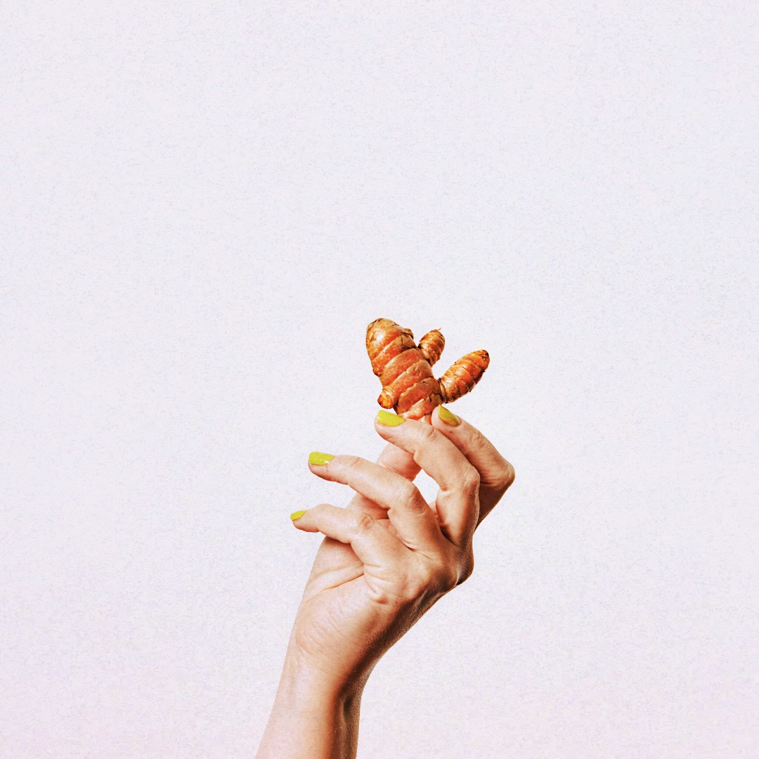 A hand with yellow-green nail polish holds a piece of fresh turmeric, against a grey studio background
