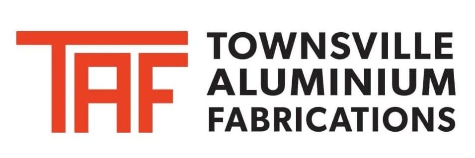 Logo for Townsville Aluminum Fabrications with large red 'T' and the words 'Townsville Aluminum Fabrications' in black.