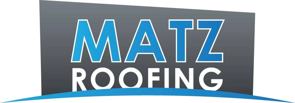 Logo for Matz Roofing with blue and white text on a gray and blue background.