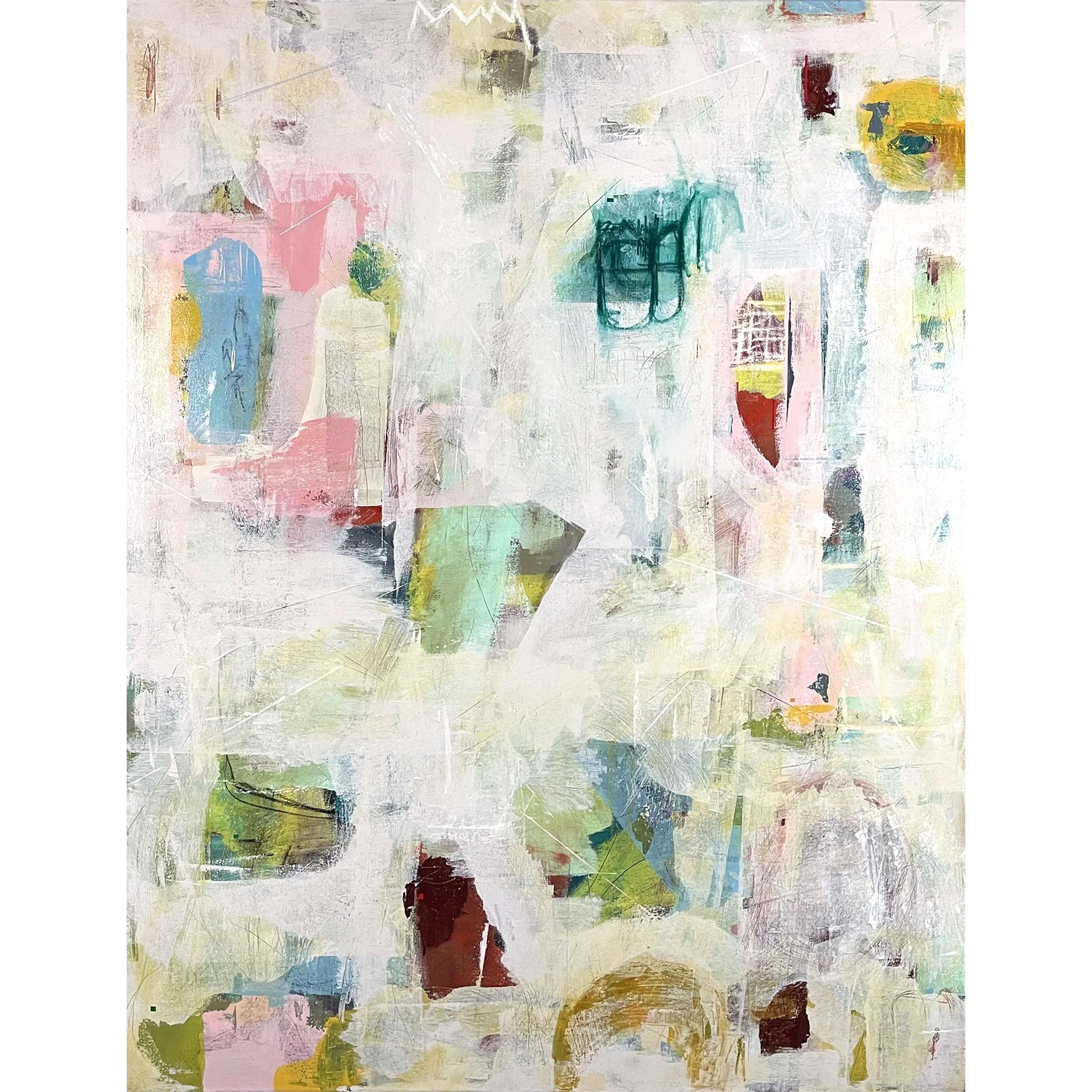 Abstract painting with soft pastel colors, irregular shapes, and layered textures.