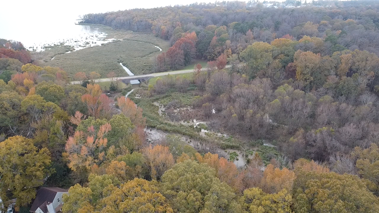 An aerial view of a river winding through a forest with trees in fall colors, a bridge crossing the river, and some houses visible in the foreground.