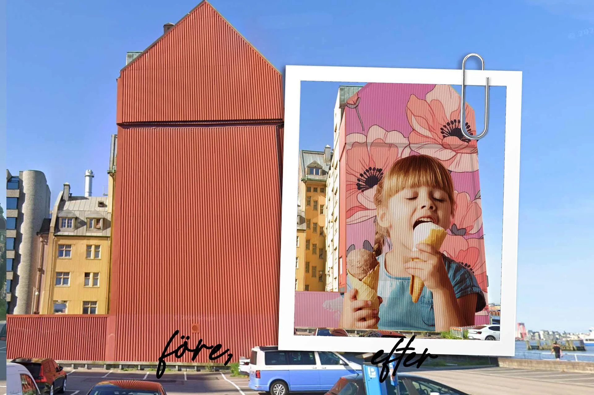 väggmålning före och efter på stor utomhusvägg