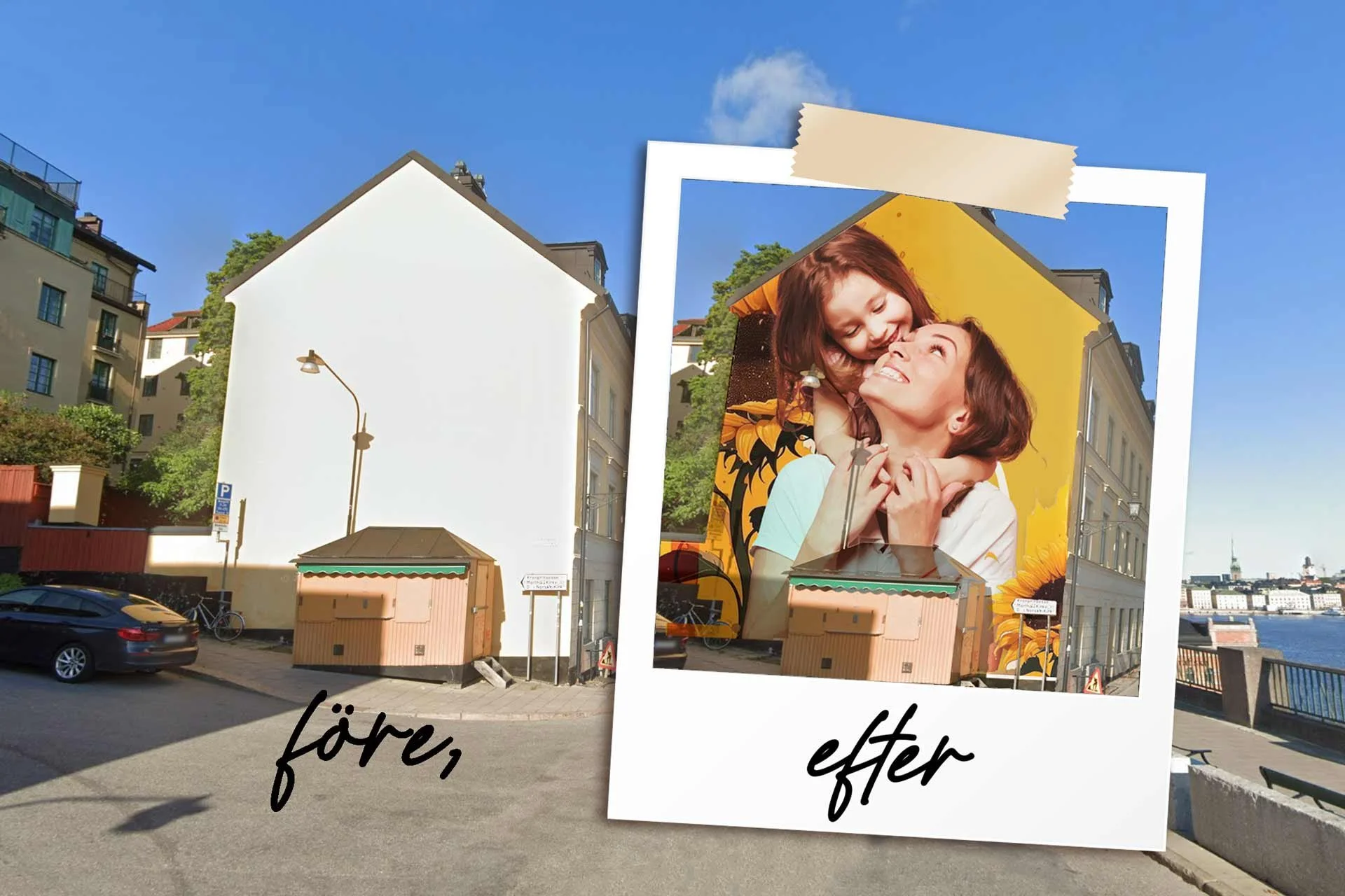 Exempel på väggmålning före och efter på en stor utomhusvägg