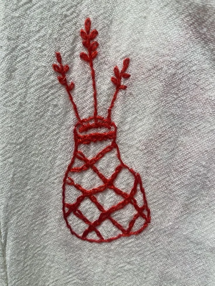 hand embroided flower vase in red thread.jpg