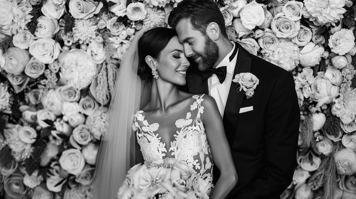 Black and white photo of a bride and groom smiling and leaning their foreheads together among a background of flowers, on their wedding day.