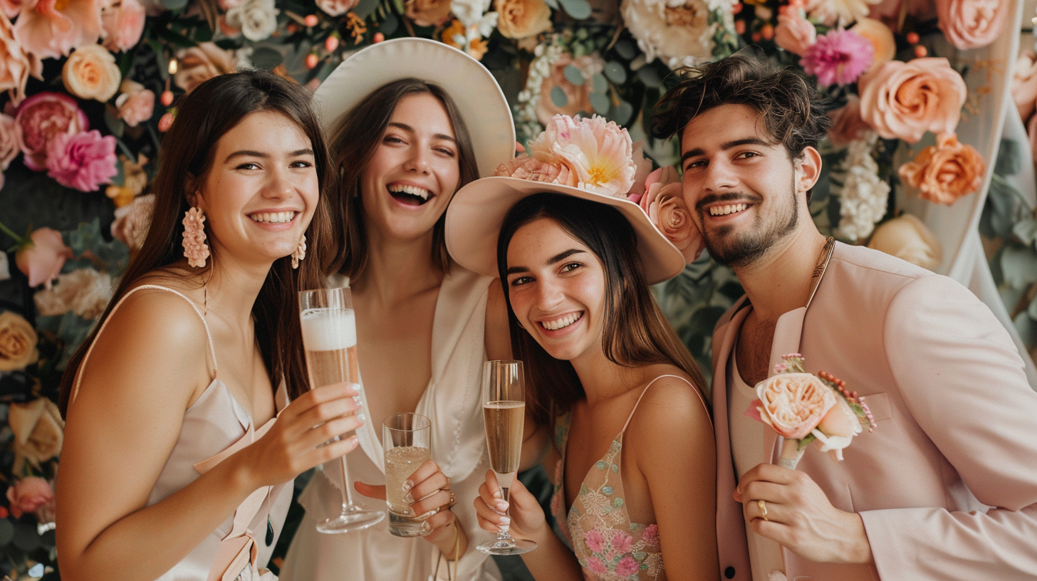 A group of five young adults dressed in elegant attire, smiling, holding drinks, and wearing floral accessories, standing in front of a colorful flower wall at a celebration or wedding.