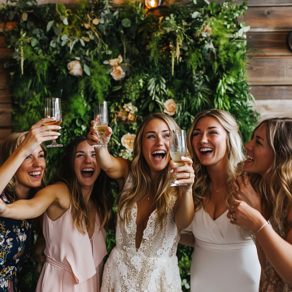 A group of women celebrating at a wedding reception, raising glasses of champagne and smiling, with a green floral wall background.