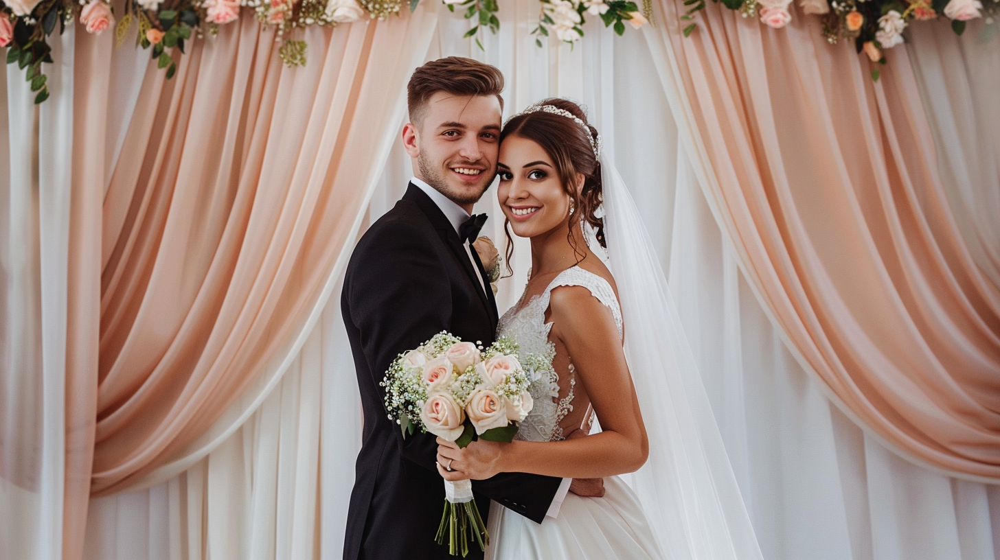A bride and groom in wedding attire smiling, holding a bouquet of pink and white roses, standing against draped peach-colored curtains with floral decorations above.