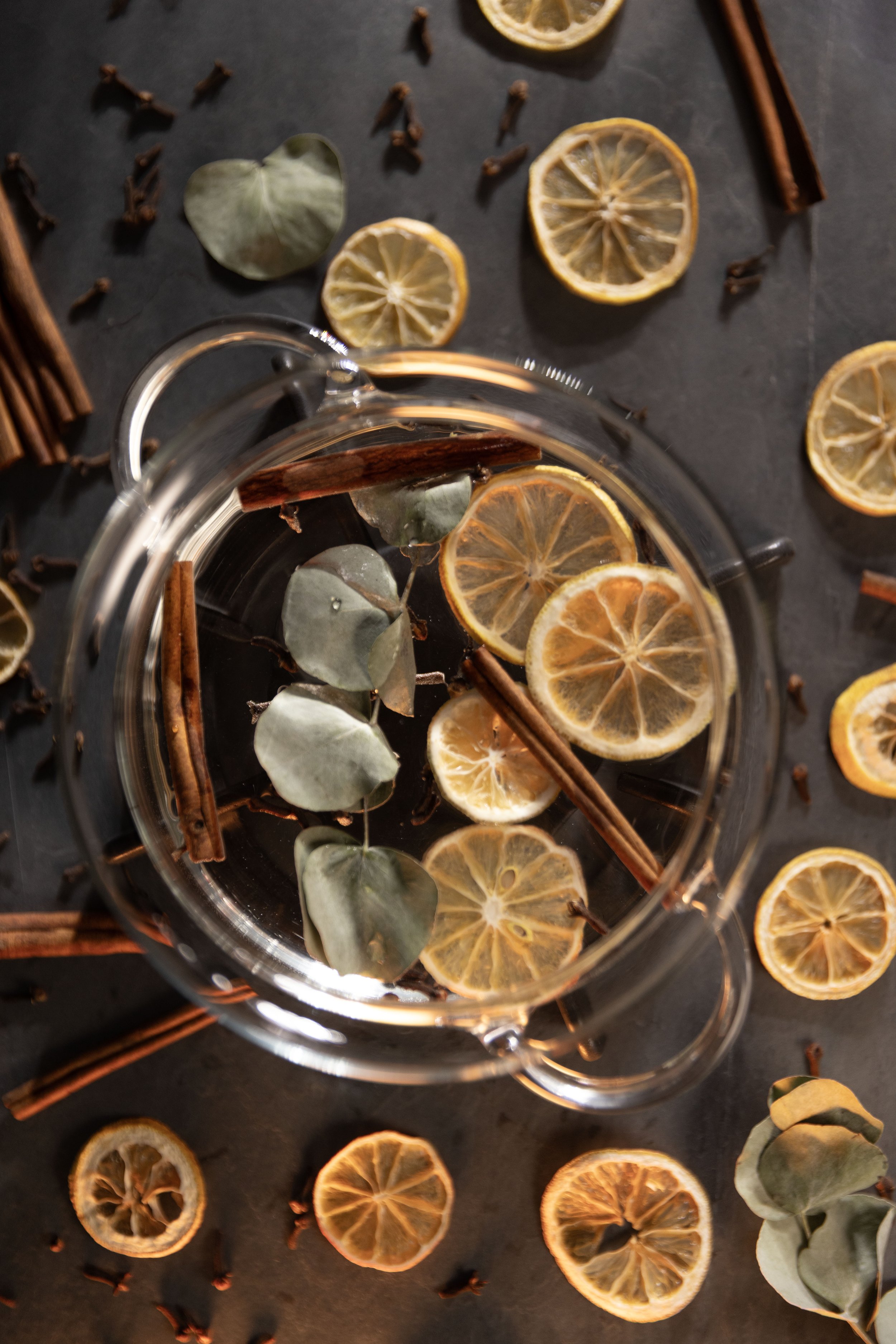 Top-down view of a glass pitcher filled with water, lemon slices, cinnamon sticks, and eucalyptus leaves, surrounded by scattered lemon slices, cinnamon sticks, and cloves on a dark surface.