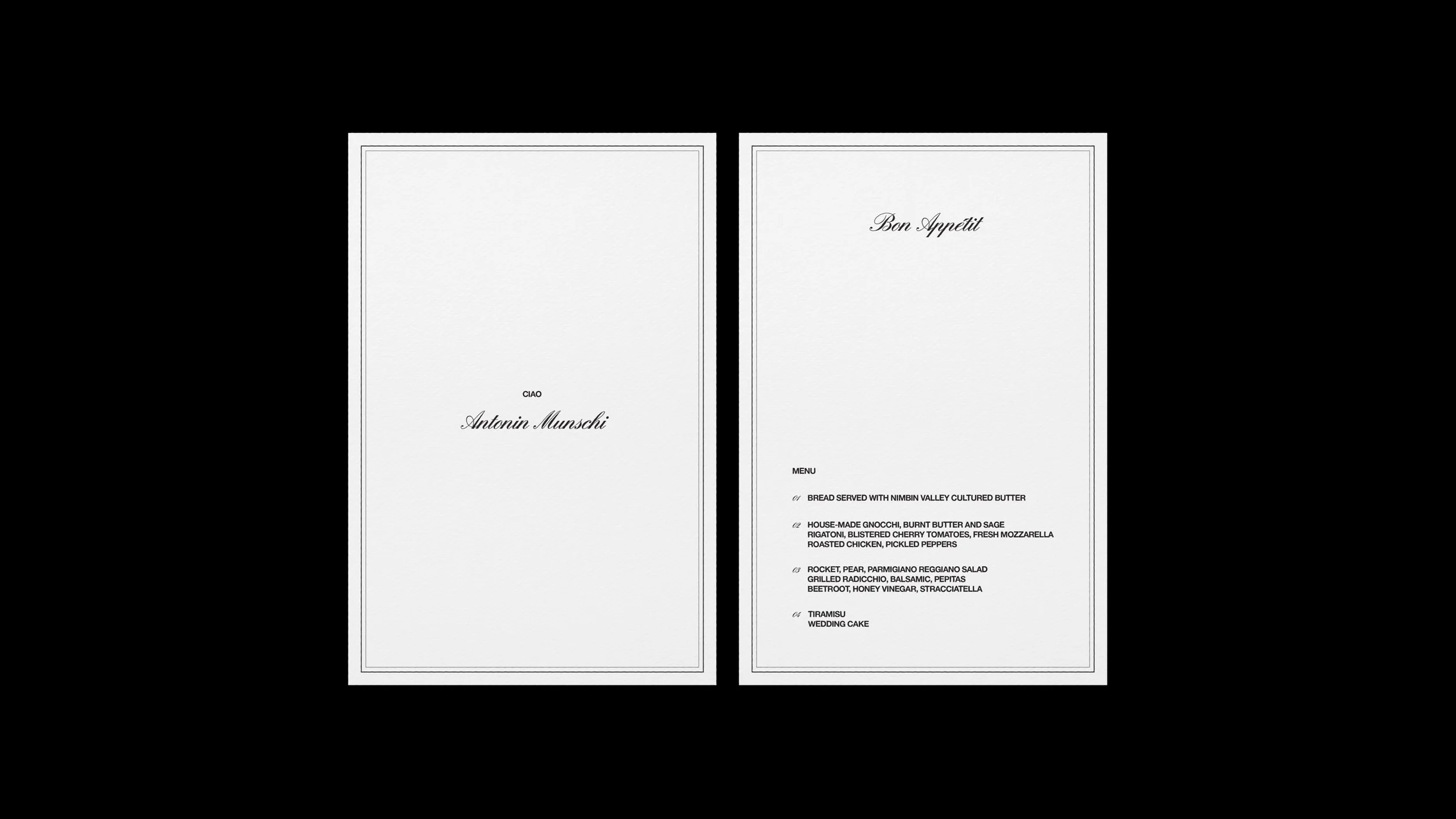 Two sleek, minimalist menus with black borders on white backgrounds, one with initials and the other with a detailed menu for a formal event or wedding.