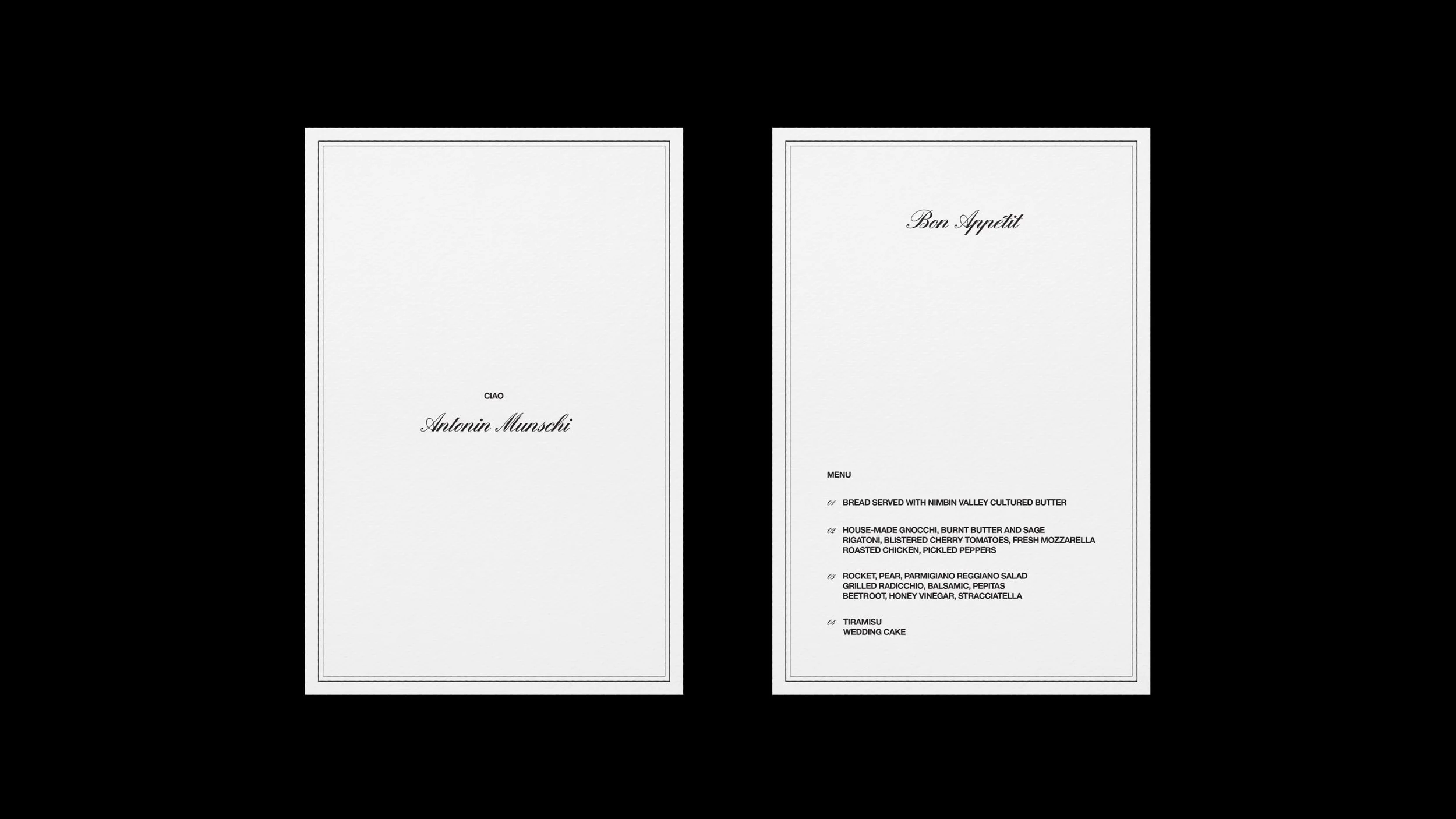 Two sleek, minimalist menus with black borders on white backgrounds, one with initials and the other with a detailed menu for a formal event or wedding.