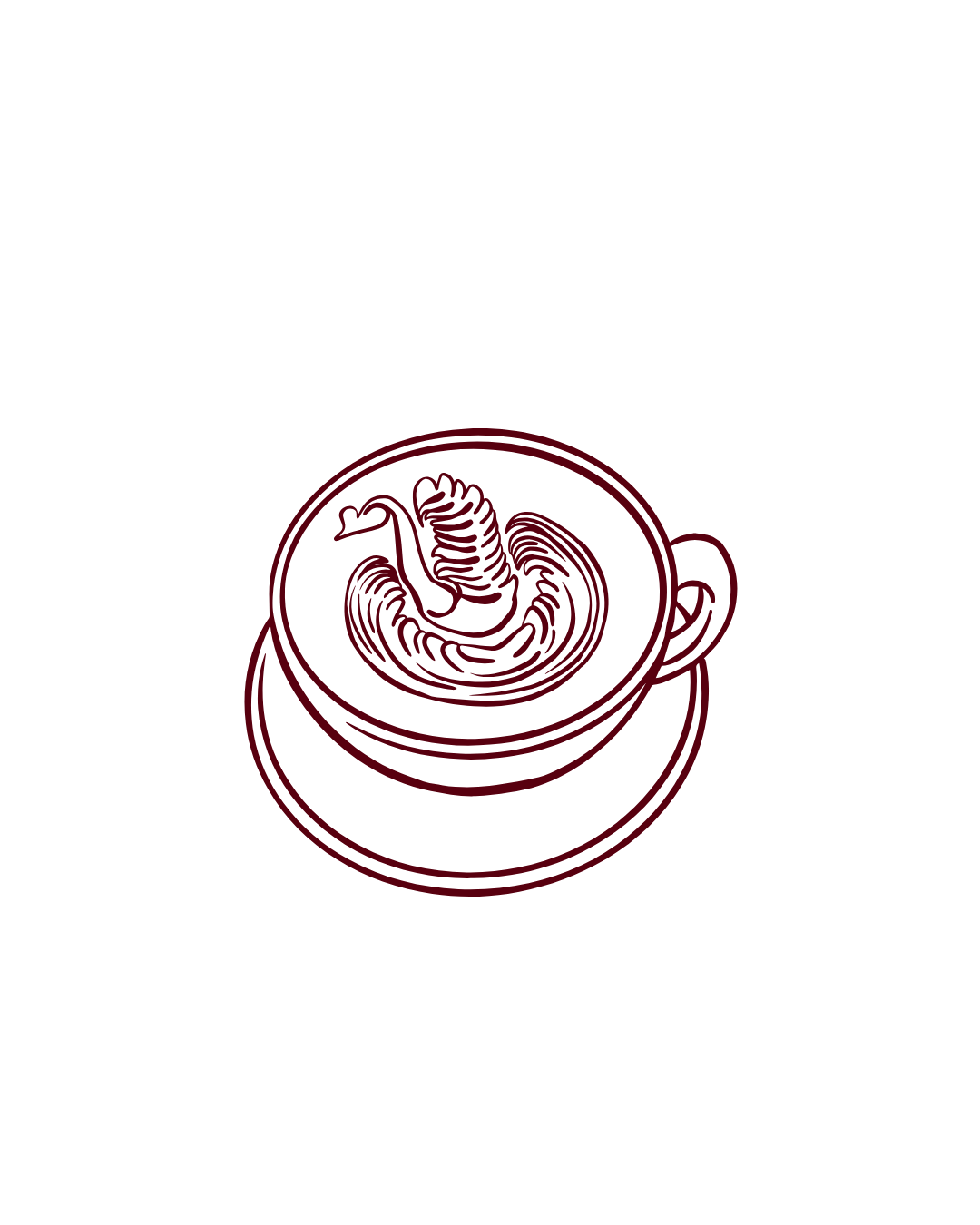 A minimalist, red outline of a cup of tea with a swan-shaped tea bag inside, on a dark background.