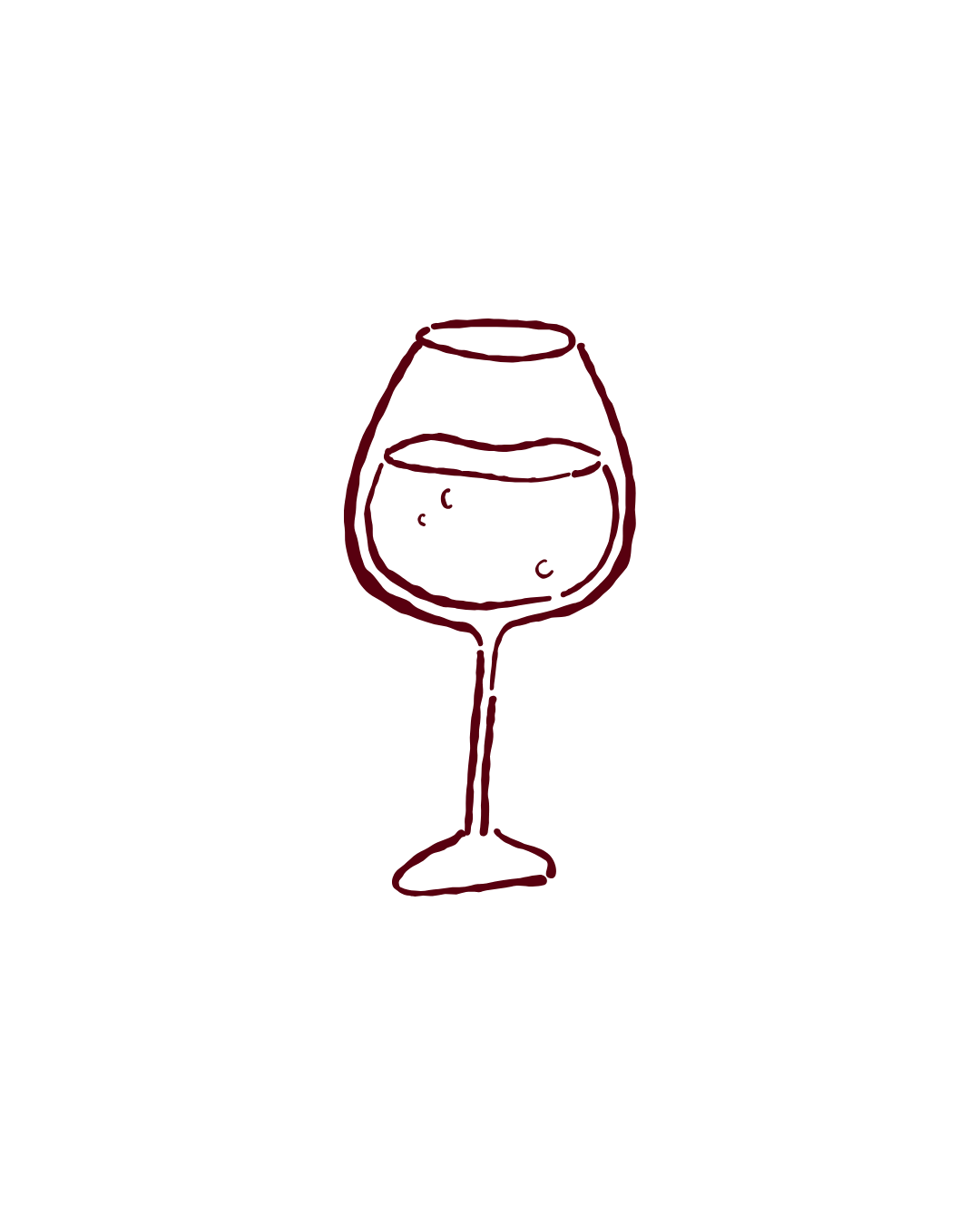 A line drawing of a wine glass filled with red wine, with bubbles visible in the liquid.