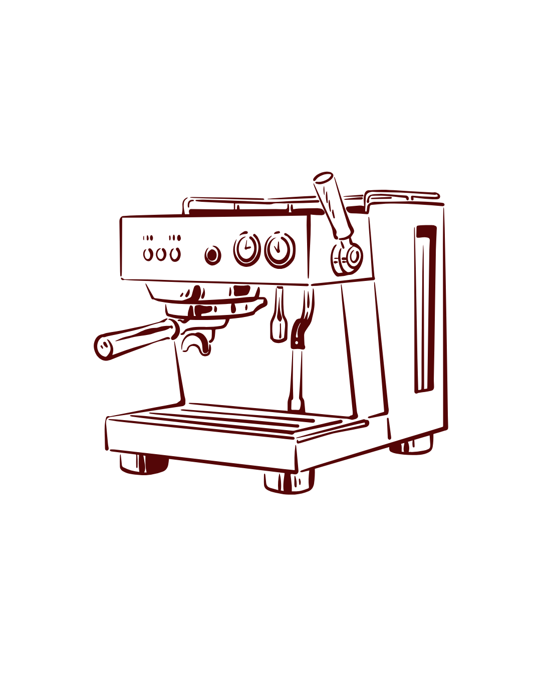 Line drawing of a modern espresso machine, shown from the side, with controls, a portafilter, and a water reservoir.