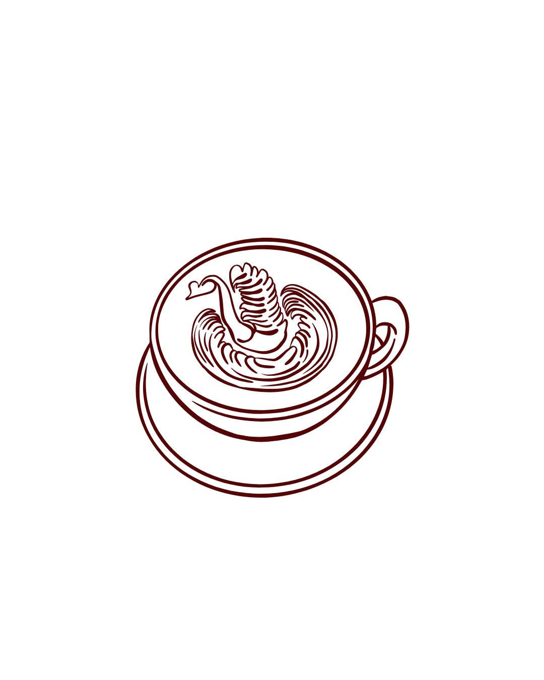 Outline drawing of a hot cup of coffee with steam and a saucer, in dark red lines on a black background.