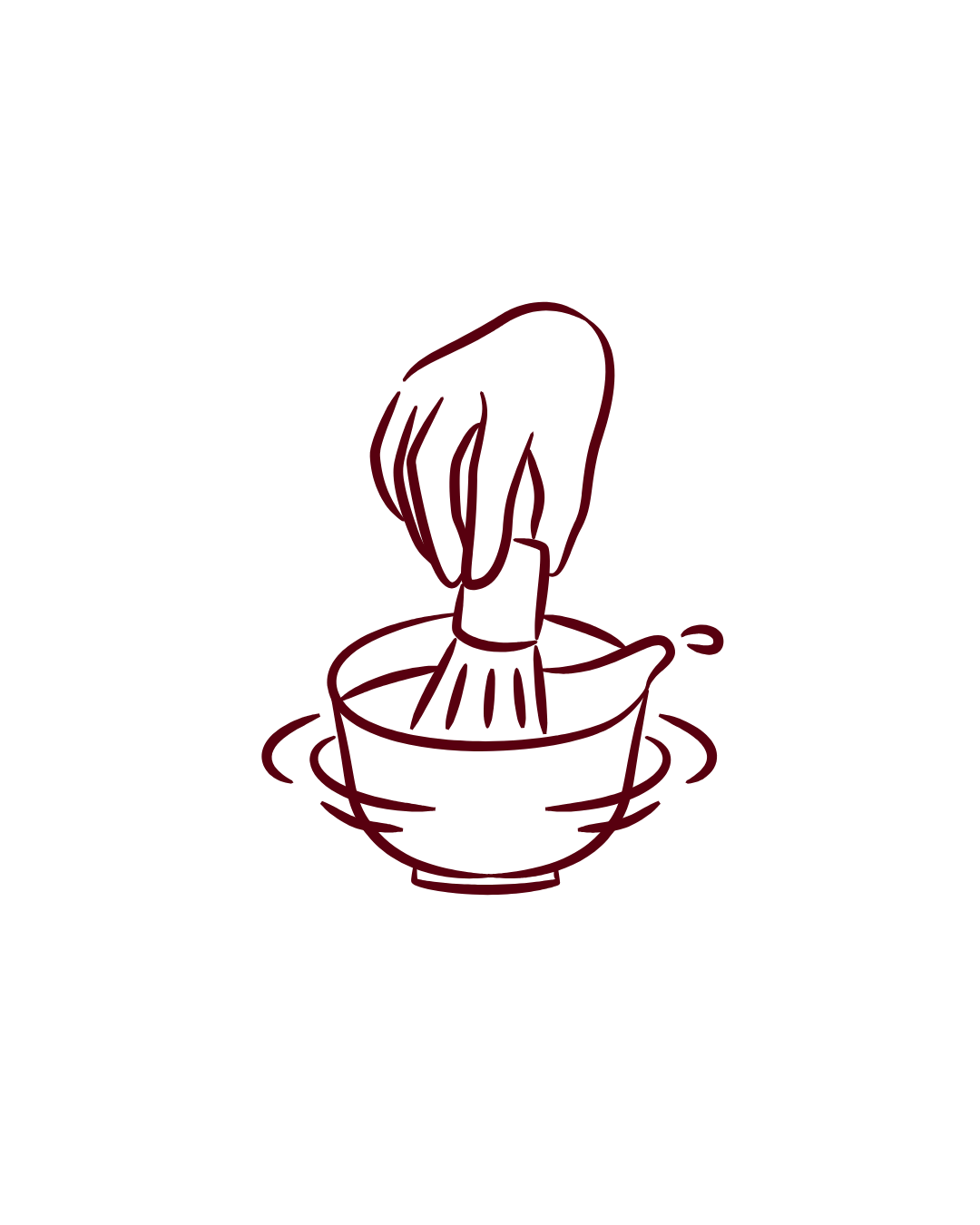 A hand squeezing a lemon into a bowl, depicted with simple line art in dark red on a black background.