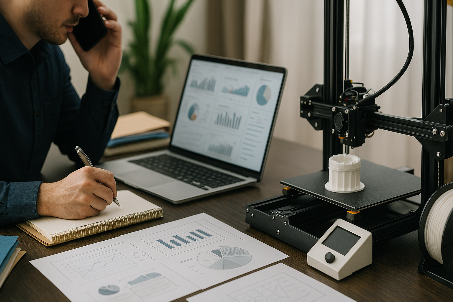 Ein Mann arbeitet an einem Schreibtisch mit Laptop, 3D-Drucker und Diagrammen auf Papier, während er telefoniert.