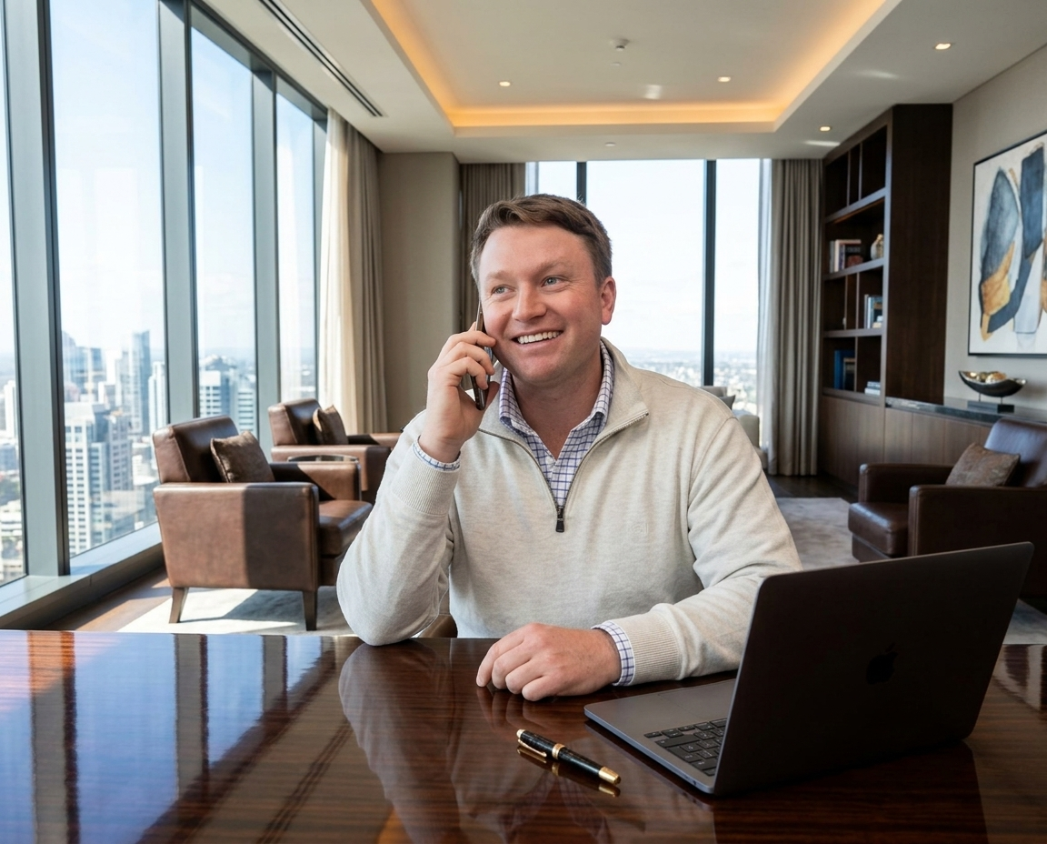 A man sitting at a polished wooden table in a modern office overlooking a city, talking on a cellphone with a smile, with a laptop and a gold pen on the table behind him.
