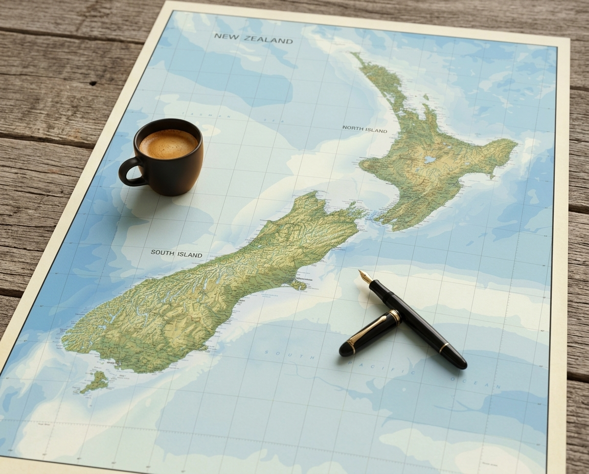 A world map focusing on New Zealand with a small black coffee cup and a fountain pen placed on it, on a wooden surface.