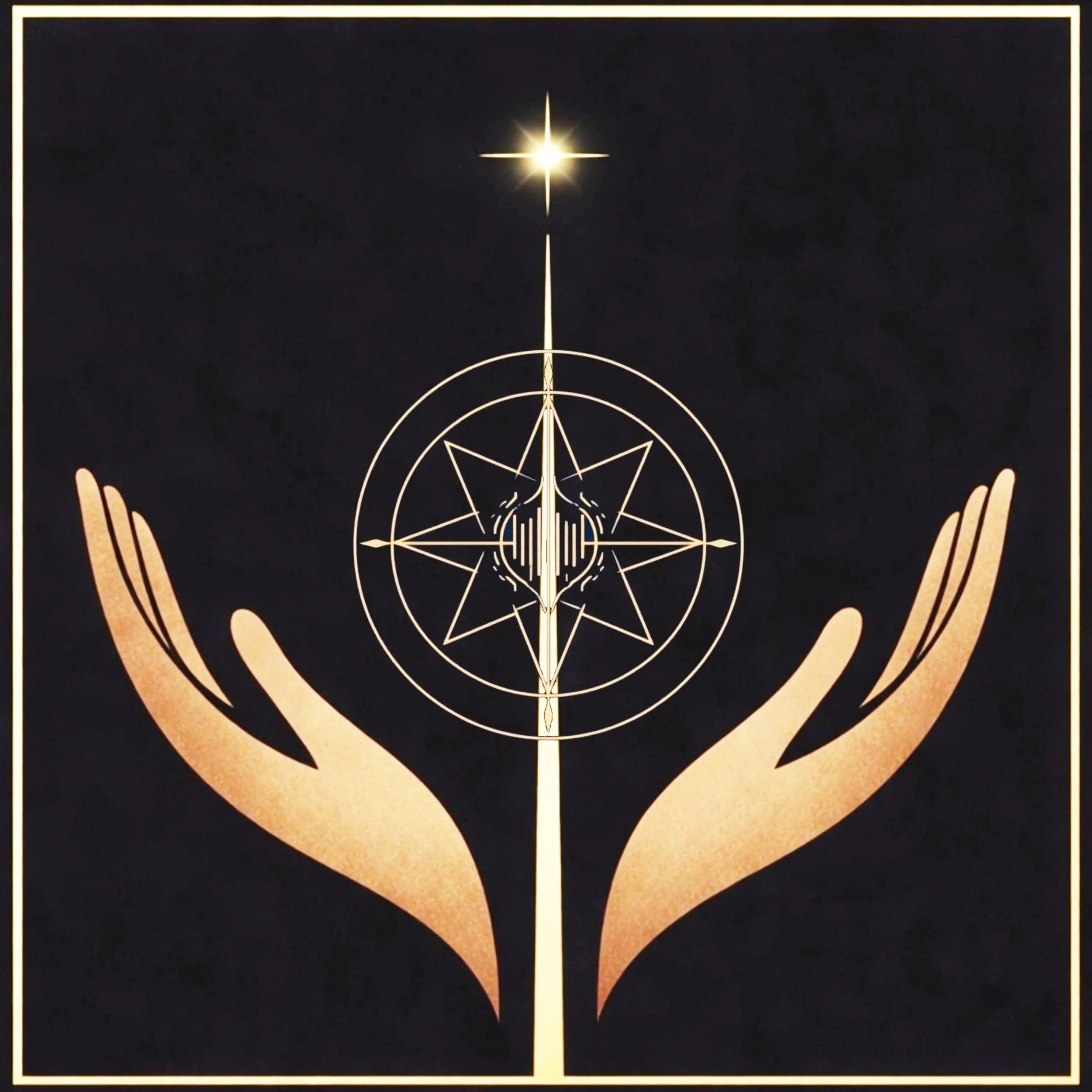 Deux mains stylisées en or soutiennent une figure géométrique complexe et lumineuse avec une étoile brillante en haut, le tout sur un fond noir.