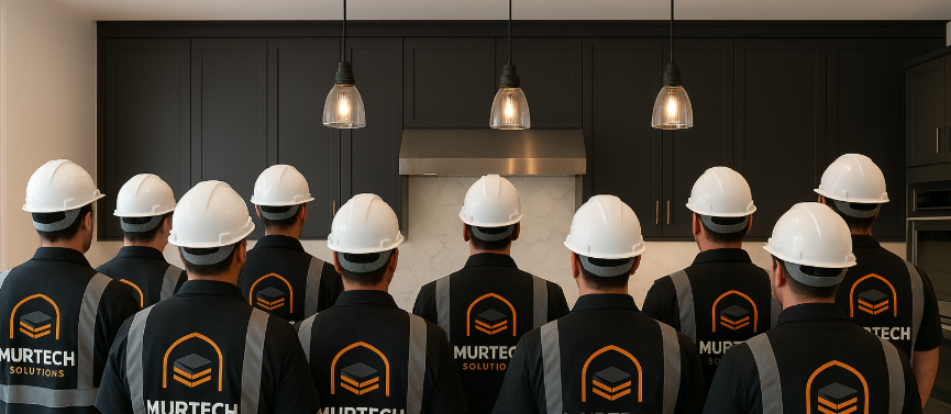 Group of construction workers in black shirts and white helmets standing in a kitchen with dark cabinets and pendent lights, facing away from the camera.