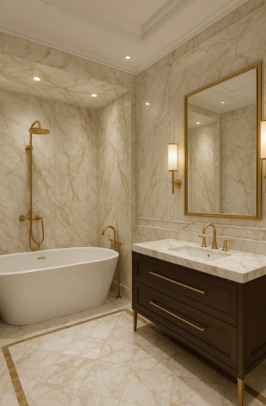 Luxurious bathroom with a freestanding bathtub, gold fixtures, marble walls and flooring, a dark vanity with gold handles, a large mirror, and wall-mounted light fixtures.