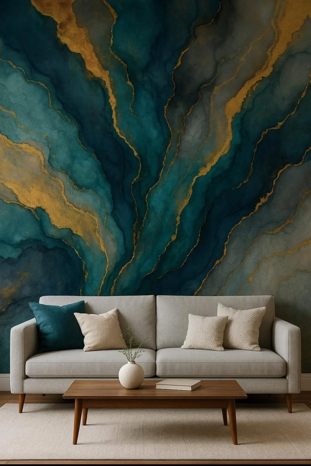 Living room with a beige sofa, decorative pillows, and a wooden coffee table in front of a blue and gold abstract wall mural.