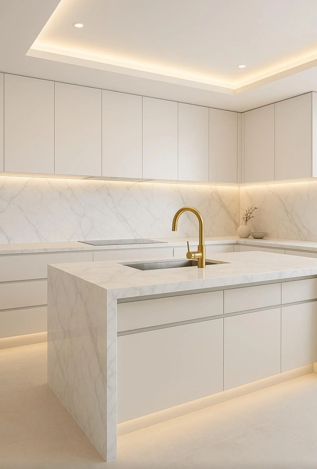 Modern kitchen with white cabinets and marble countertops, featuring a gold faucet on an island with an integrated sink.