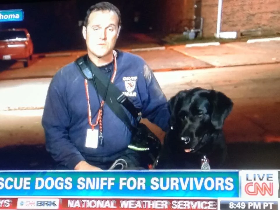 A man wearing a dark uniform with a badge and a black dog sit together outdoors at night. The scene is illuminated by artificial lights, and there is a red brick wall and parked cars in the background. The text on the image reports that rescue dogs a