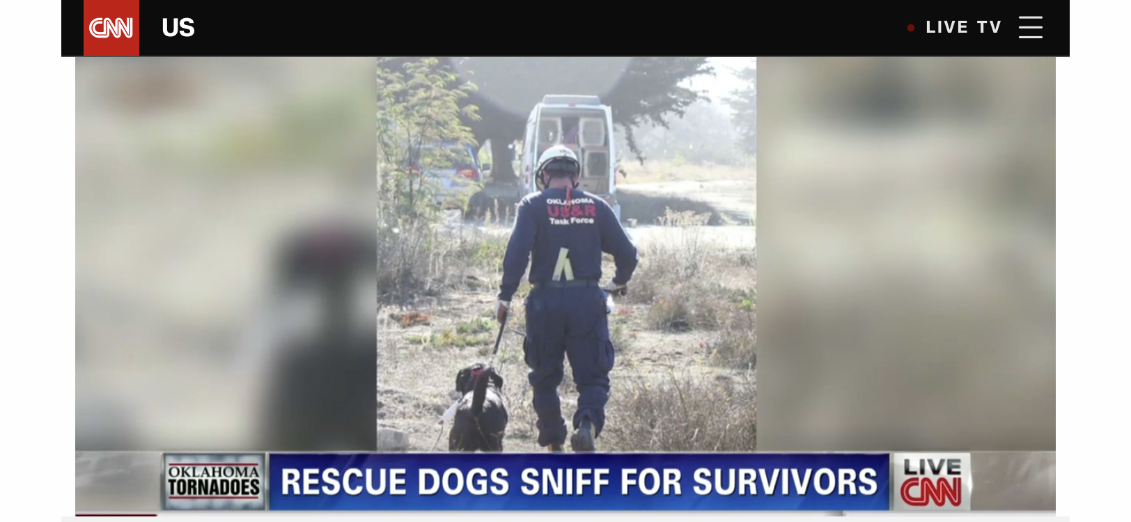 A rescue worker walking through a dry, barren landscape with a rescue dog. The worker wears a uniform that reads 'Oklahoma US&R Task Force' and a helmet. The news caption reads 'Rescue dogs sniff for survivors' with a subheading mentioning Oklahoma t
