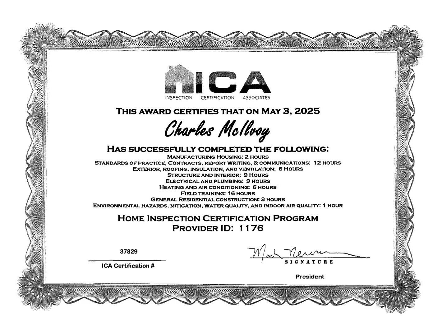 A certification award document for Charles McIlvoy from ICA, dated May 3, 2025, with a decorative border and signature at the bottom.