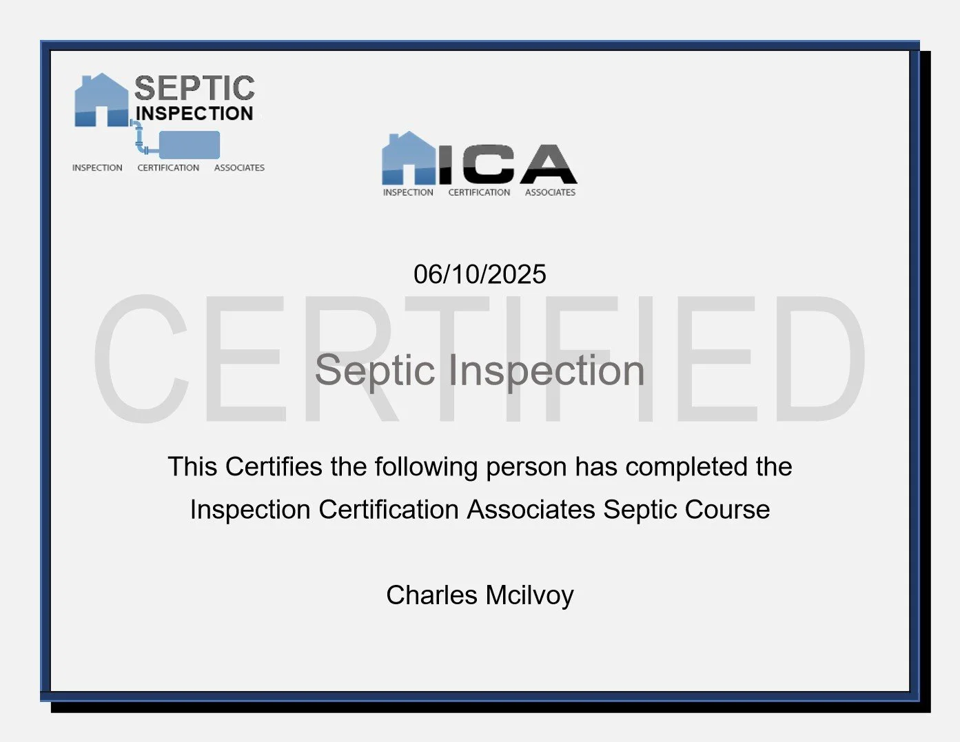 Septic Inspection Certificate issued to Charles McIlvoy with date 06/10/2025.