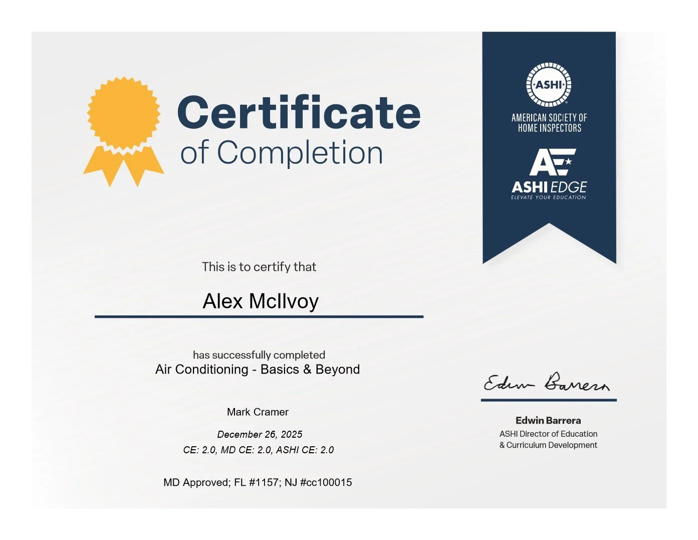 Certificate of Completion awarded to Alex McIlvoy for successfully completing Air Conditioning - Basics & Beyond, signed by Edwin Barrera, dated December 26, 2025, with accreditation details and logos of ASHI and ASHI EDGE.