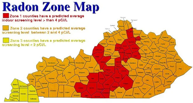 Map of Kentucky showing radon zones. Zone 1 counties in red have the highest predicted radon levels, Zone 2 counties in orange have moderate levels, and Zone 3 counties in yellow have the lowest predicted levels.