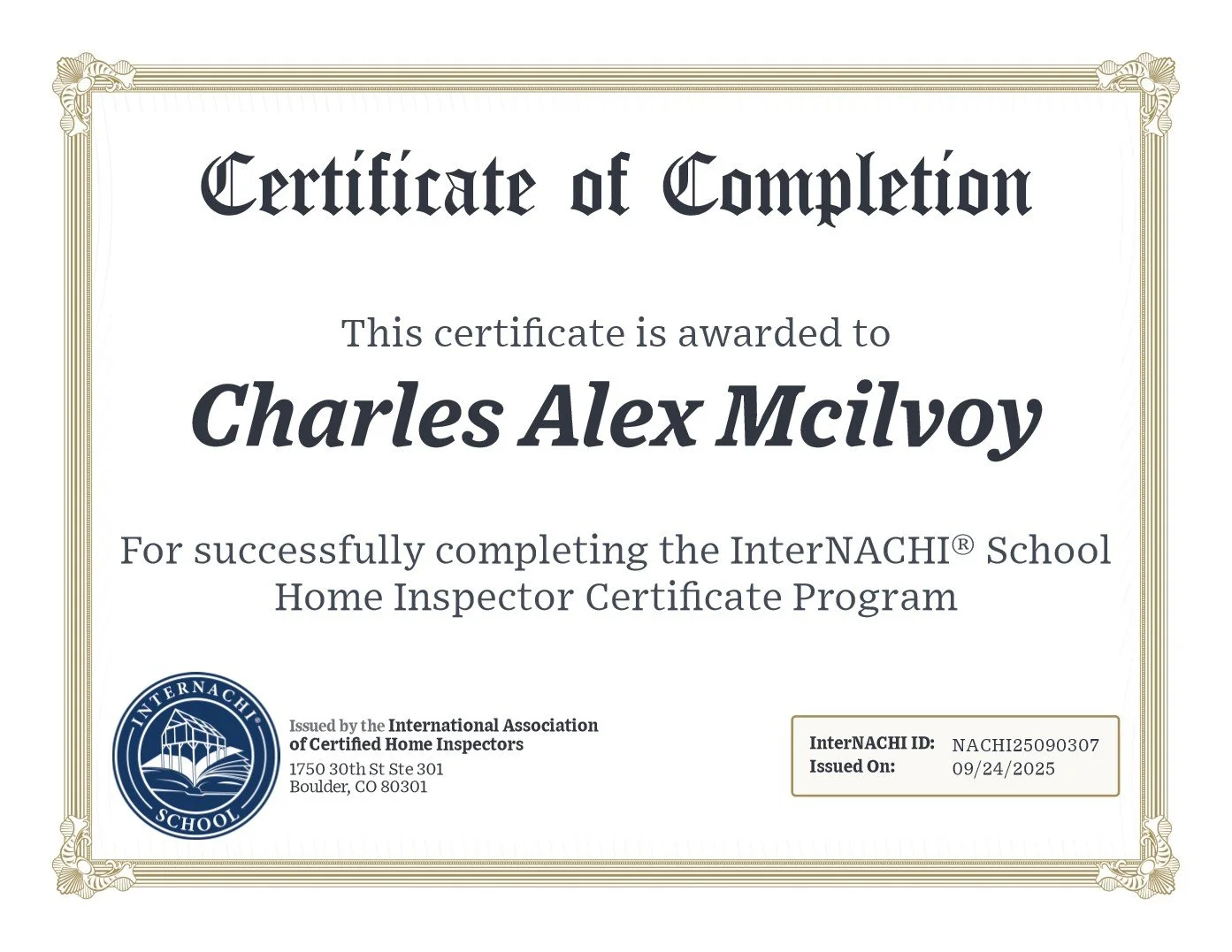 Certificate of completion awarded to Charles Alex McIlwoy by InterNACHI School for completing the Home Inspector Certificate Program, featuring the InterNACHI logo, decorative border, and recipient details.