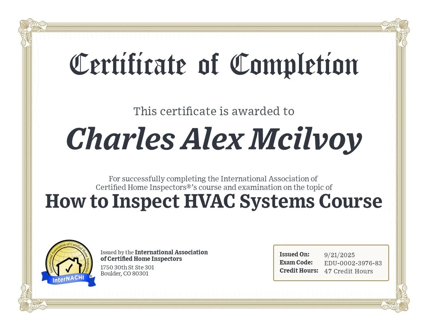 Certificate of completion awarded to Charles Alex McIlvoy for a course on how to inspect HVAC systems, issued by the International Association of Certified Home Inspectors, dated September 21, 2025.