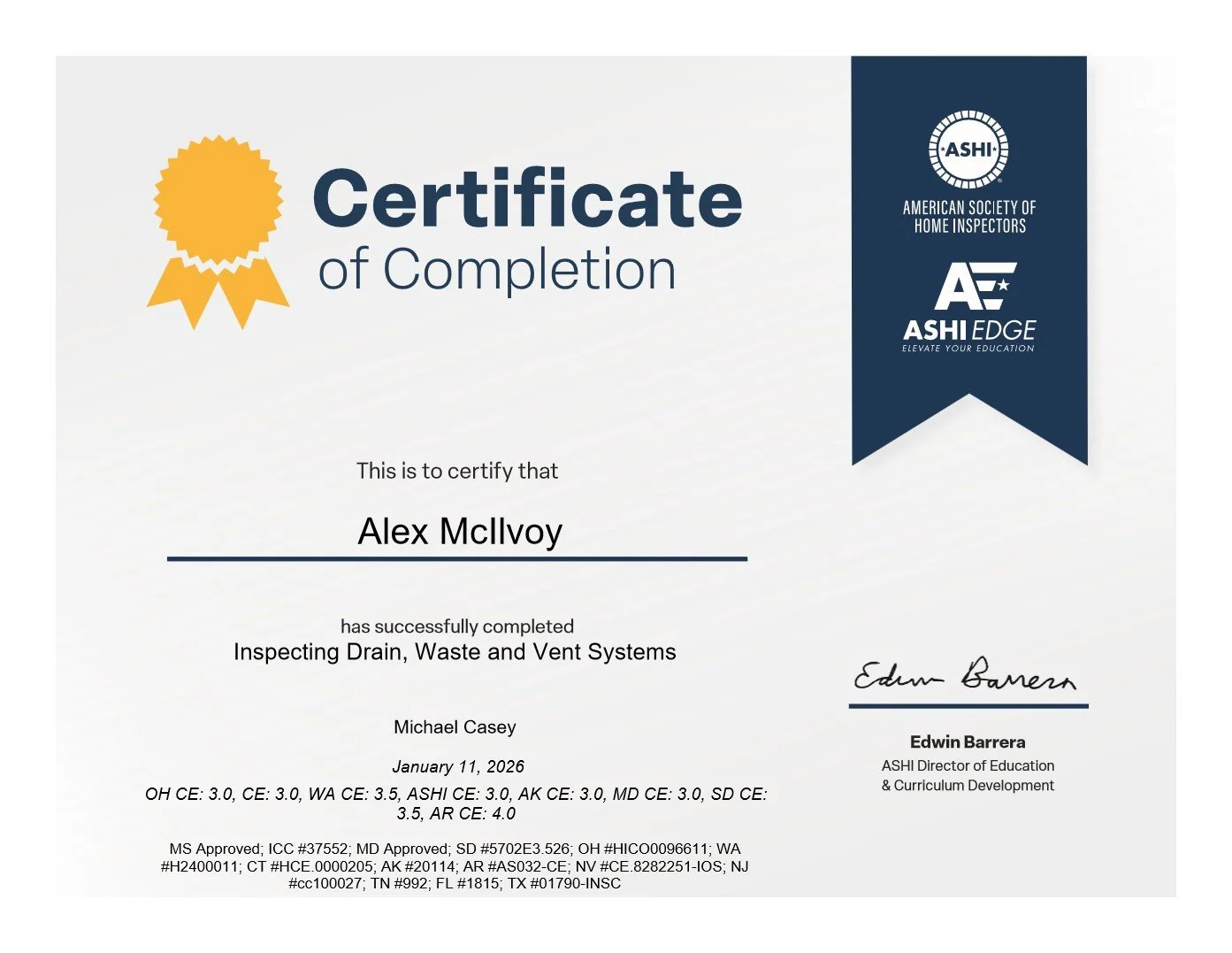 Certificate of completion awarded to Alex McIlvoy for inspecting drain, waste, and vent systems, signed by Edwin Barrera, with logos of the American Society of Home Inspectors and ASHI Edge.