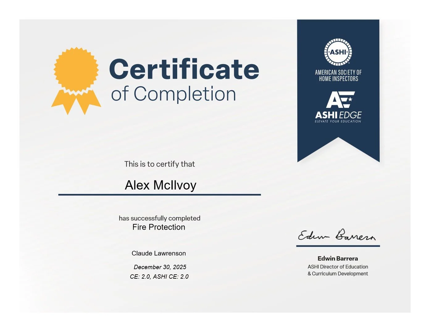 Certificate of completion awarded to Alex McIlvoy for Fire Protection by the American Society of Home Inspectors, signed by Edwin Barrera, dated December 30, 2025.