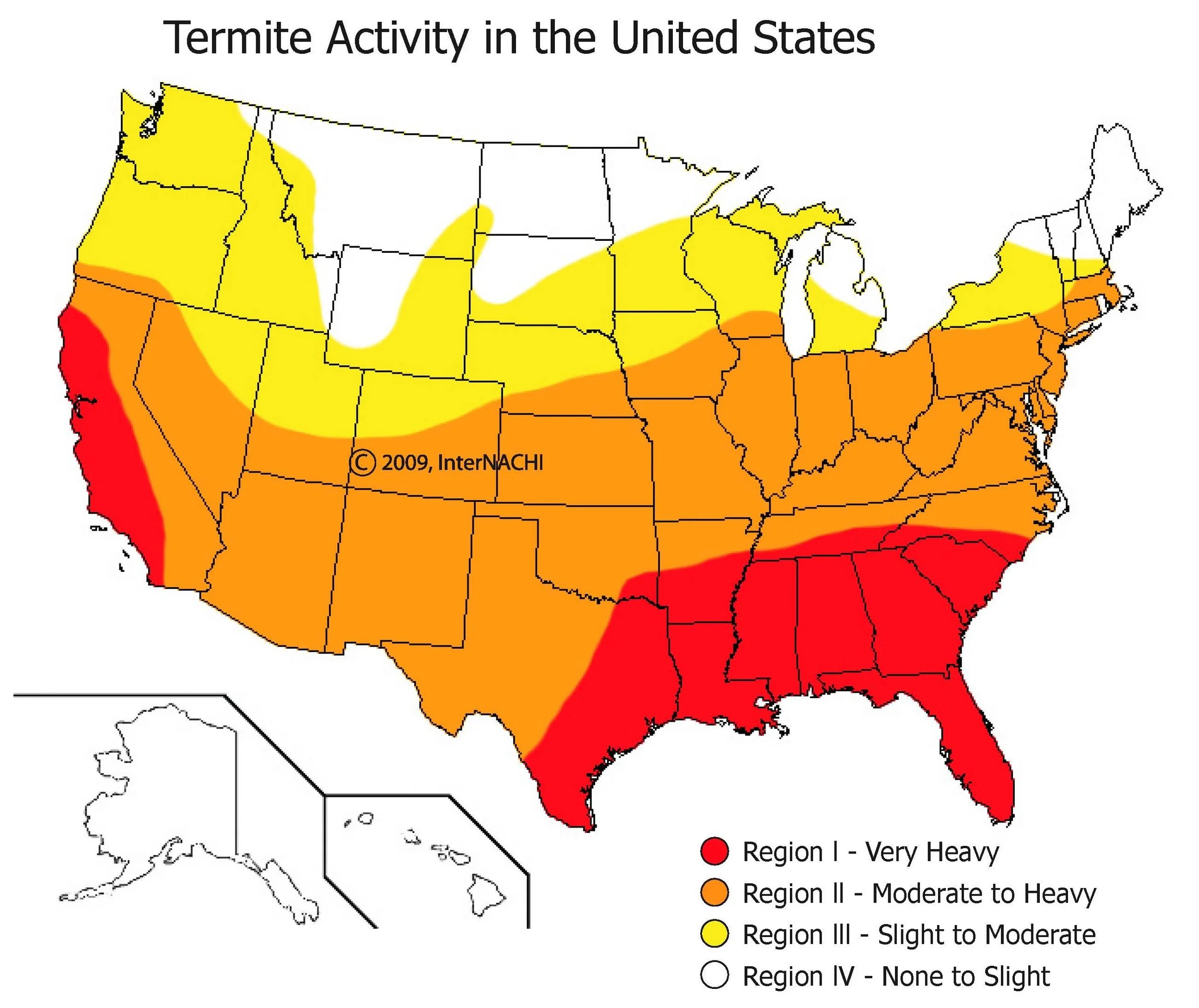 Map of the United States showing termite activity by region. The map uses colors: red for very heavy activity in the Southeast, orange for moderate to heavy activity in parts of the West and South, yellow for slight to moderate activity in some northern states, and white for little to no activity in the northernmost states.