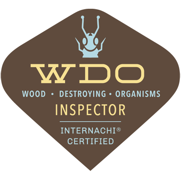 A badge for a wood destroying organism inspector, certified by Internachi, featuring a stylized insect logo and text indicating certification for wood destroying organisms.